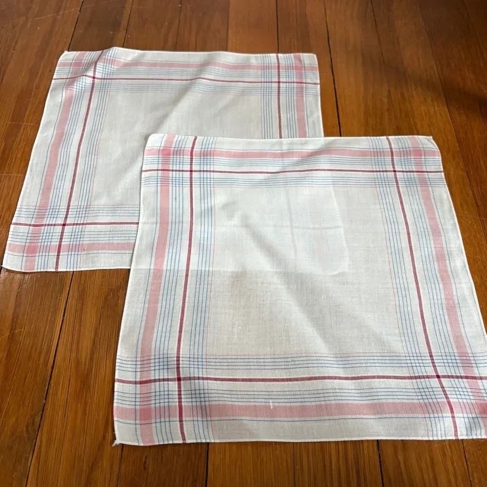 Vintage Plaid Cotton Handkerchief Set Pink Blue 11x11